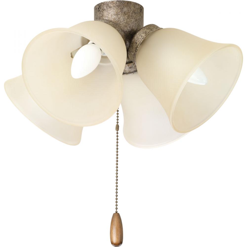 Four-light universal fan light kit with four light umber etched glass shades and a refreshing pebble