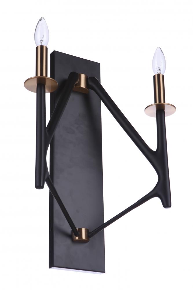 The Reserve 2 Light Wall Sconce in Flat Black/Satin Brass