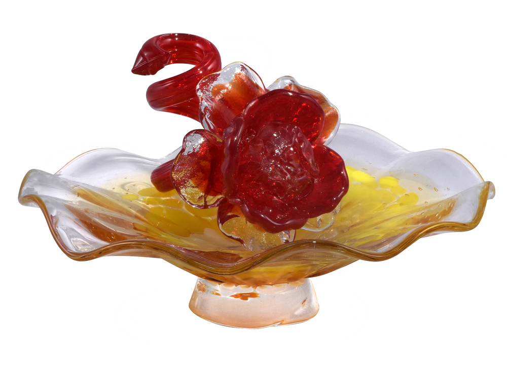 Red Flower On Plate Handcrafted Art Glass Sculpture