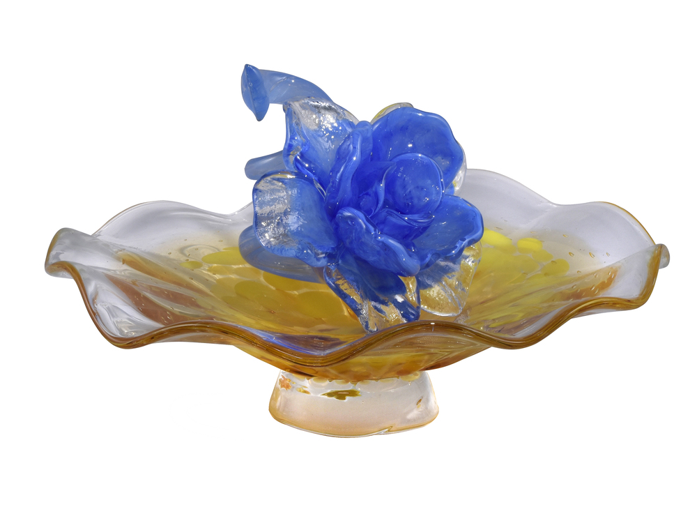 Blue Flower On Plate Handcrafted Art Glass Sculpture