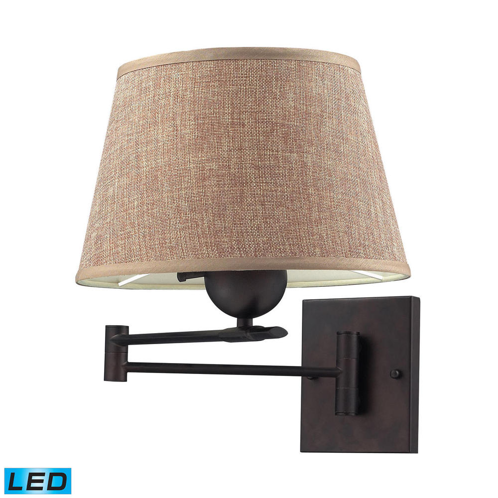Swingarms 1-Light Swingarm Wall Lamp in Aged Bronze with Beige Linen Shade - Includes LED Bulb
