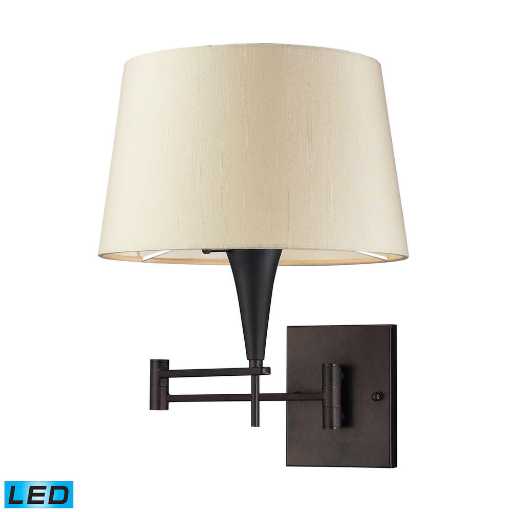 Swingarms 1-Light Swingarm Wall Lamp in Aged Bronze with Beige Fabric Shade - Includes LED Bulb