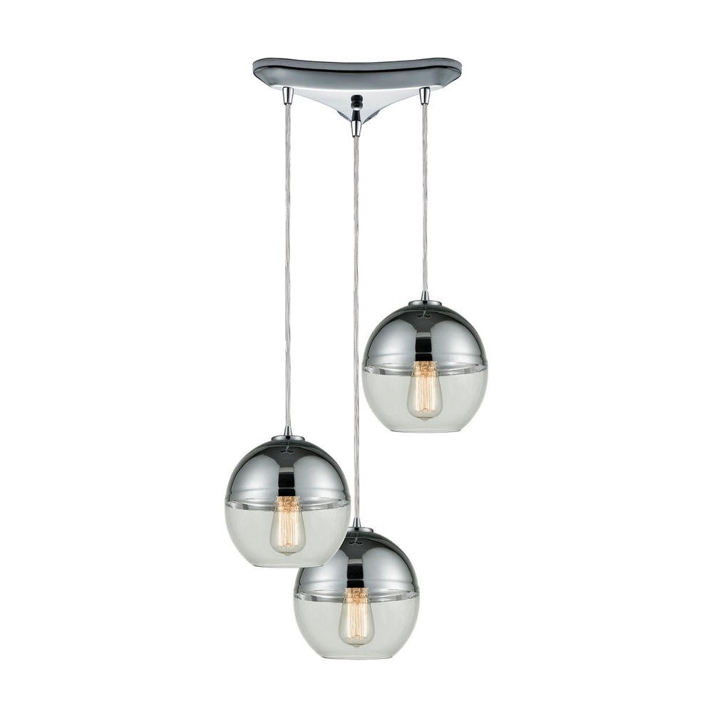 Revelo 3-Light Triangular Pendant Fixture in Polished Chrome with Clear and Chrome-plated Glass