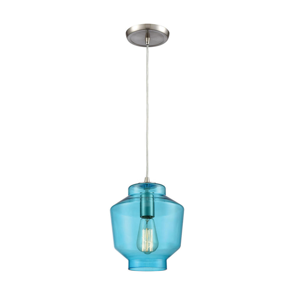 Barrel 1-Light Mini Pendant in Satin Nickel with Aqua Blown Glass