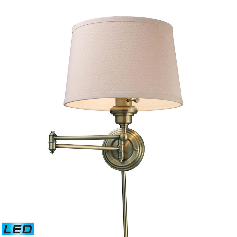 Westbrook 1-Light Swingarm Wall Lamp in Antique Brass with Off-white Shade - Includes LED Bulb