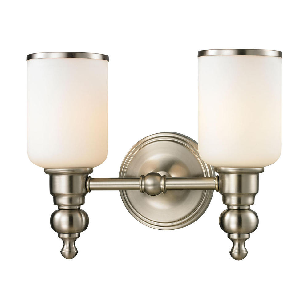 Bristol Way 2-Light Vanity Lamp in Brushed Nickel with Opal White Blown Glass