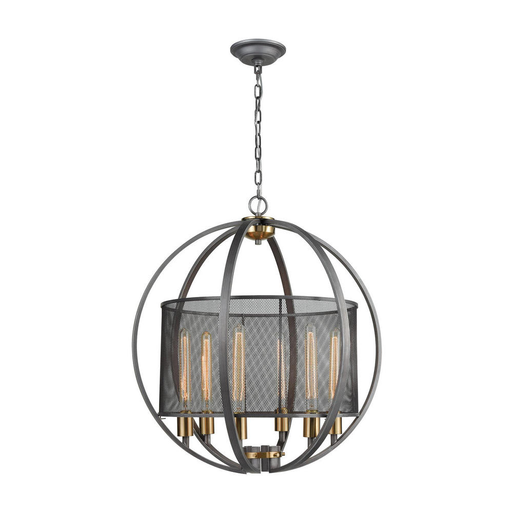 Ellicott 6-Light Chandelier in Weathered Zinc and Satin Brass with Metal Mesh Drum Shade
