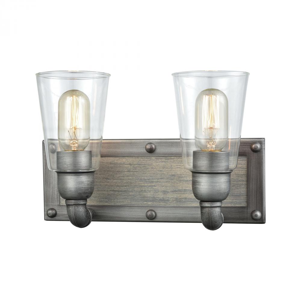 Platform 2-Light Vanity Lamp in Weathered Zinc with Clear Glass
