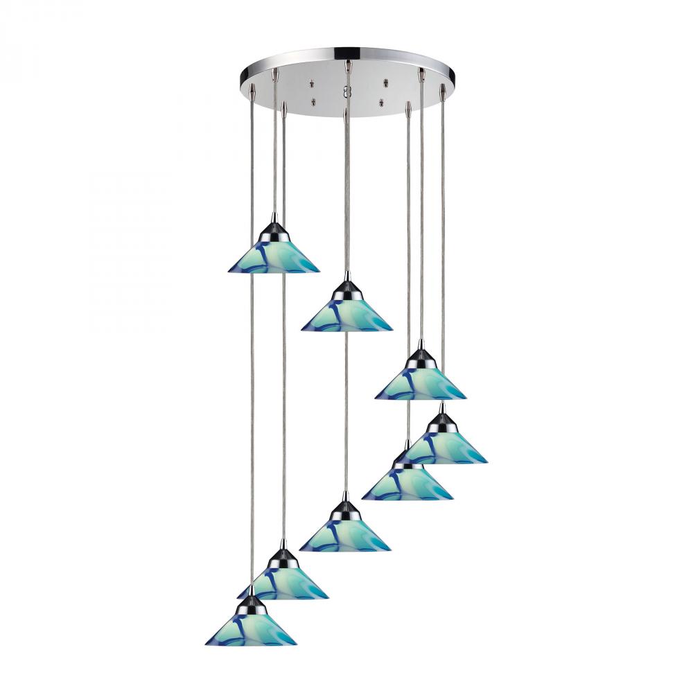 Refraction 8-Light Round Pendant Fixture in Polished Chrome with Caribbean Glass