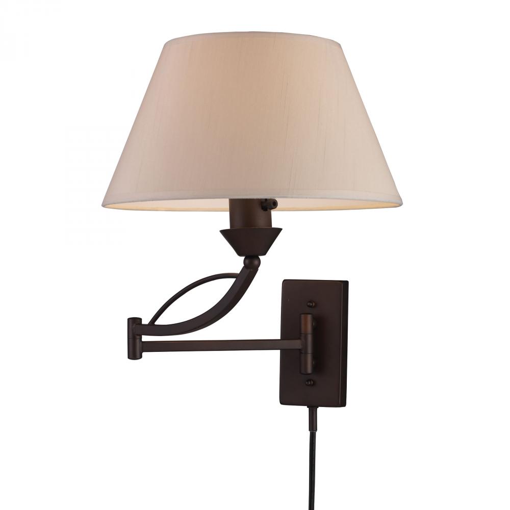 Elysburg 1-Light Swingarm Wall Lamp in Aged Bronze with Off-white Shade