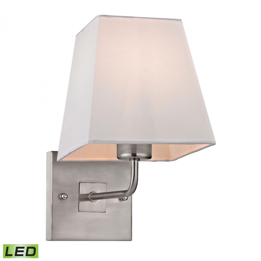 Beverly 1-Light Wall Lamp in Brushed Nickel with White Fabric Shade - Includes LED Bulb