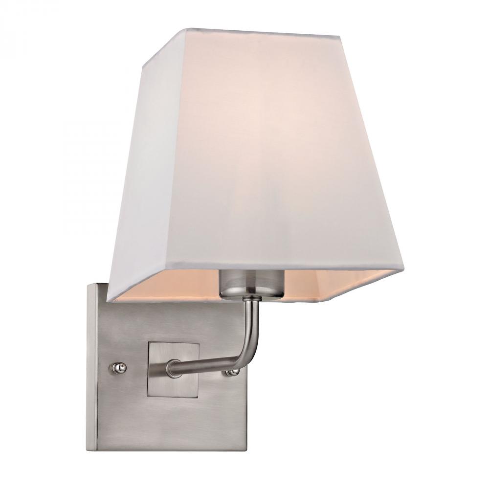 Beverly 1-Light Wall Lamp in Brushed Nickel with White Fabric Shade