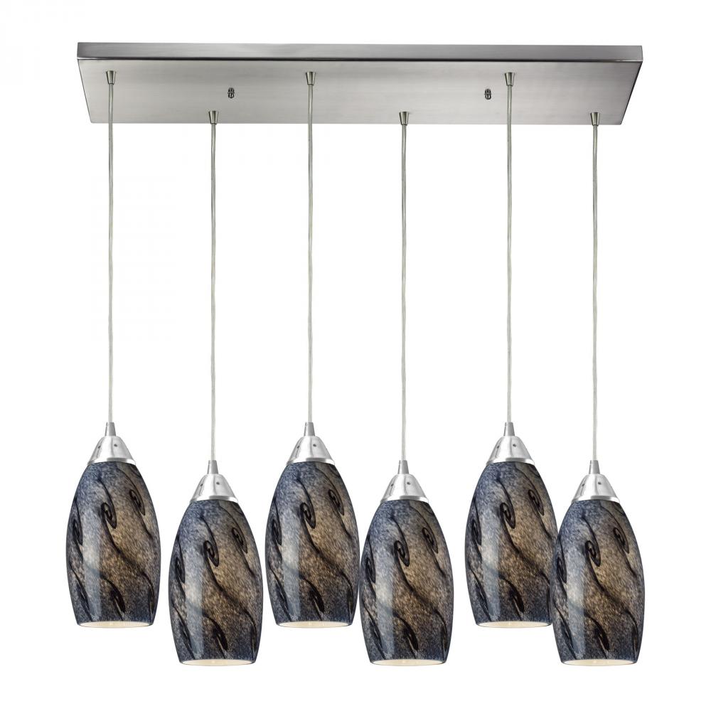 Galaxy 6-Light Rectangular Pendant Fixture in Satin Nickel with Smoke Glass