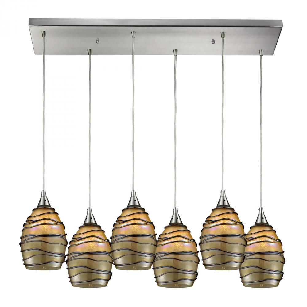 Vines 6-Light Rectangular Pendant Fixture in Satin Nickel with Tan Glass