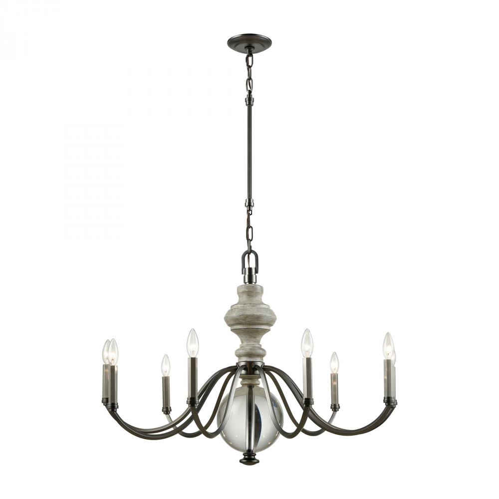 Neo Classica 9-Light Chandelier in Aged Black Nickel with Weathered Birch and Clear Crystal