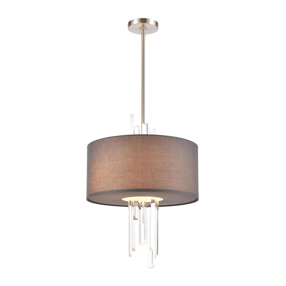 Crystal Falls 3-Light Chandelier in Satin Nickel with Graphite Fabric Shade