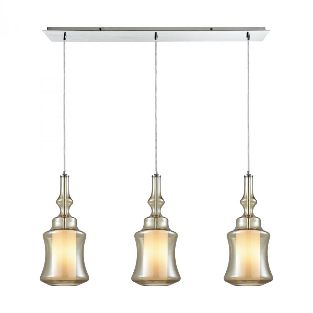Alora 3-Light Linear Mini Pendant Fixture in Chrome with Champagne-plated and Opal White Glass