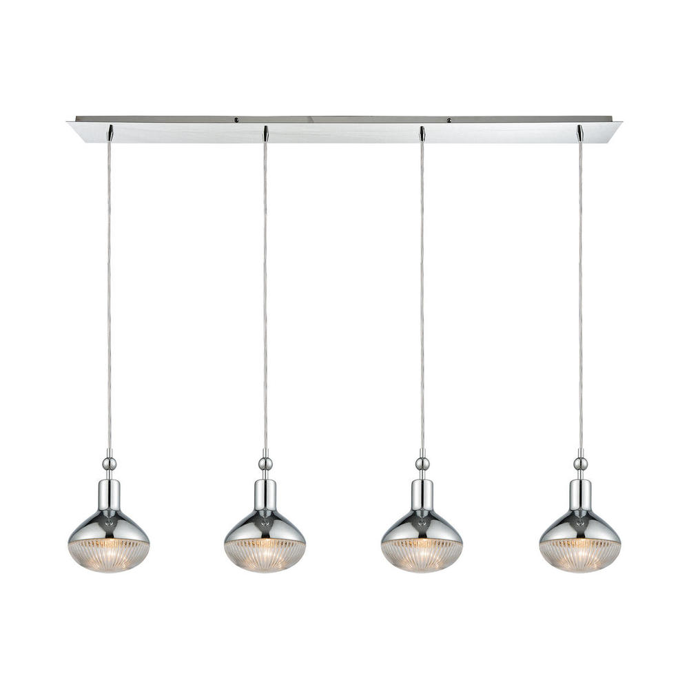 Ravette 4-Light Linear Pendant Fixture in Polished Chrome with Clear Ribbed Glass