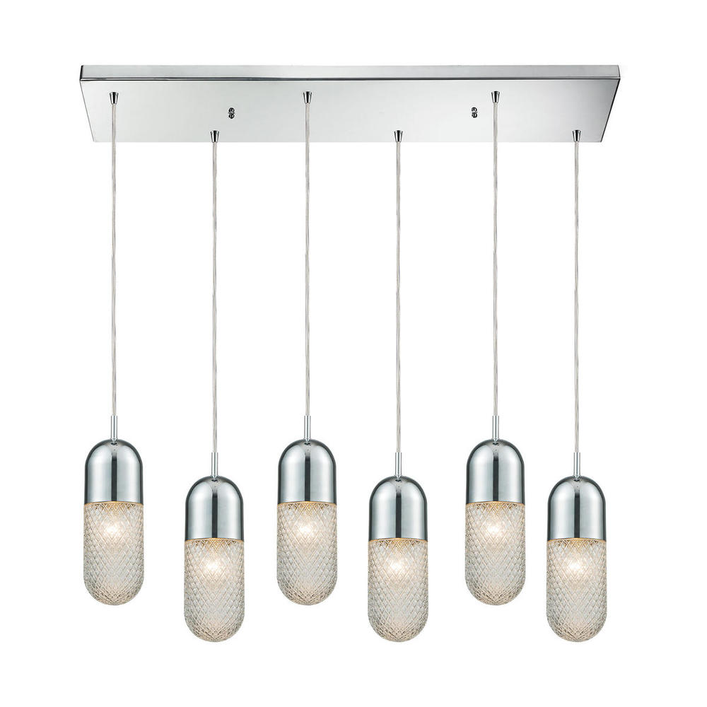 Capsula 6-Light Rectangular Pendant Fixture in Polished Chrome with Clear Textured Glass