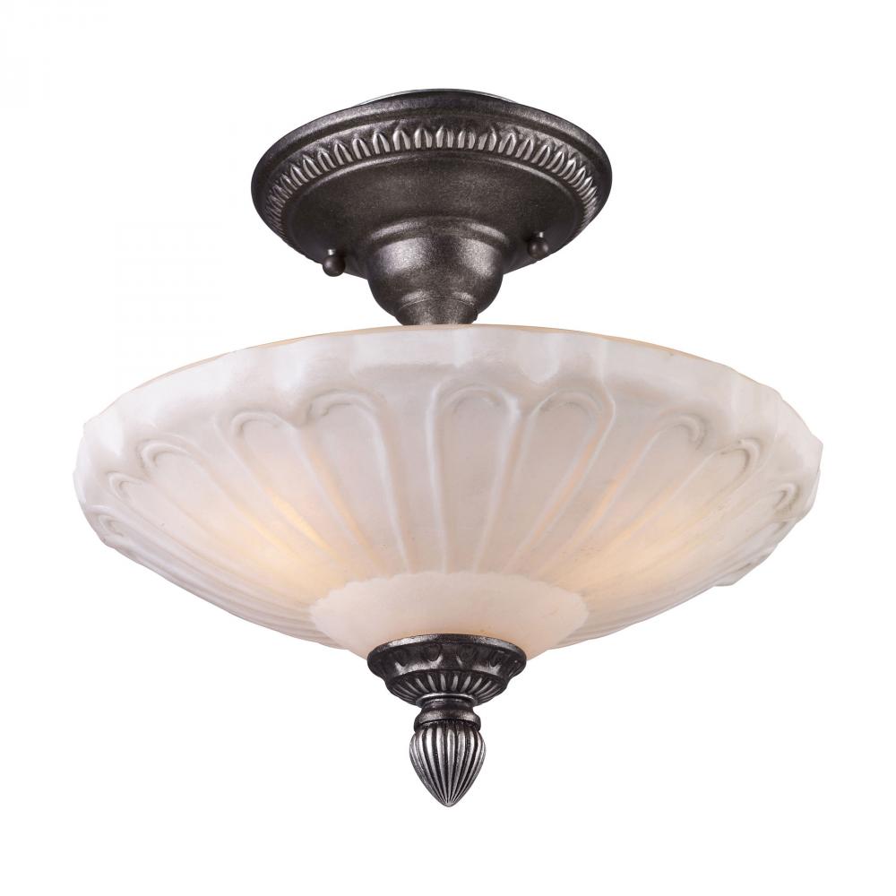 Restoration 3-Light Semi Flush in Dark Silver with White Antique Glass