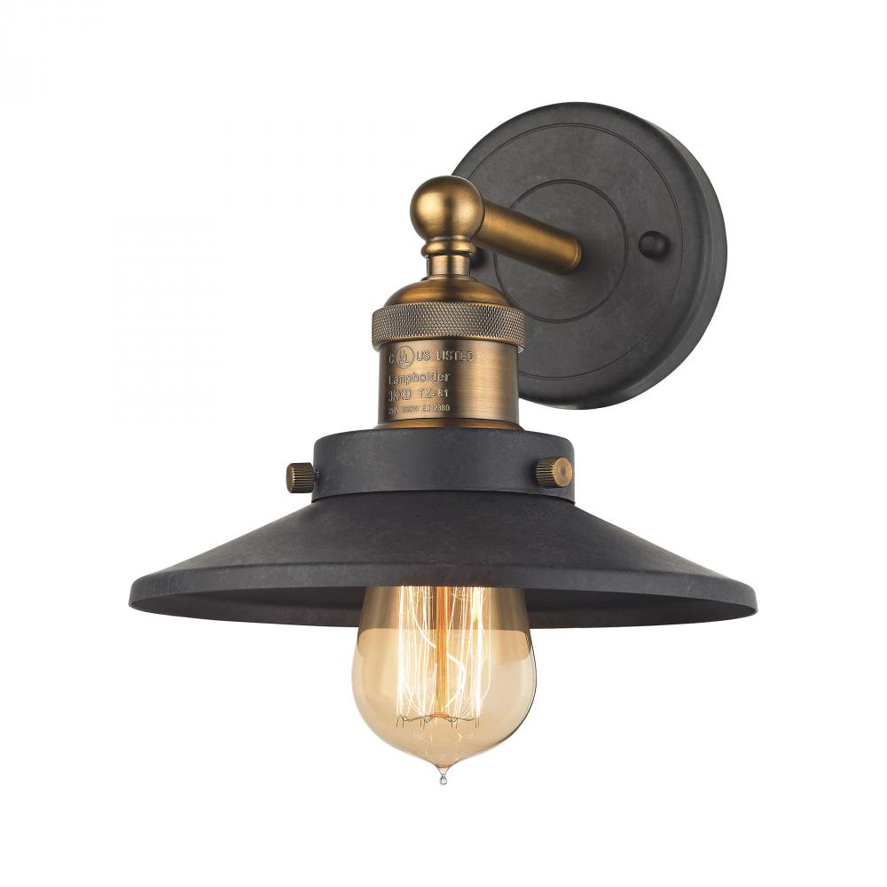 English Pub 1-Light Vanity Lamp in Antique Brass and Tarnished Graphite with Metal Shade