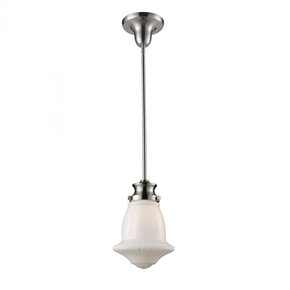 Schoolhouse 1-Light Mini Pendant in Satin Nickel with White Glass