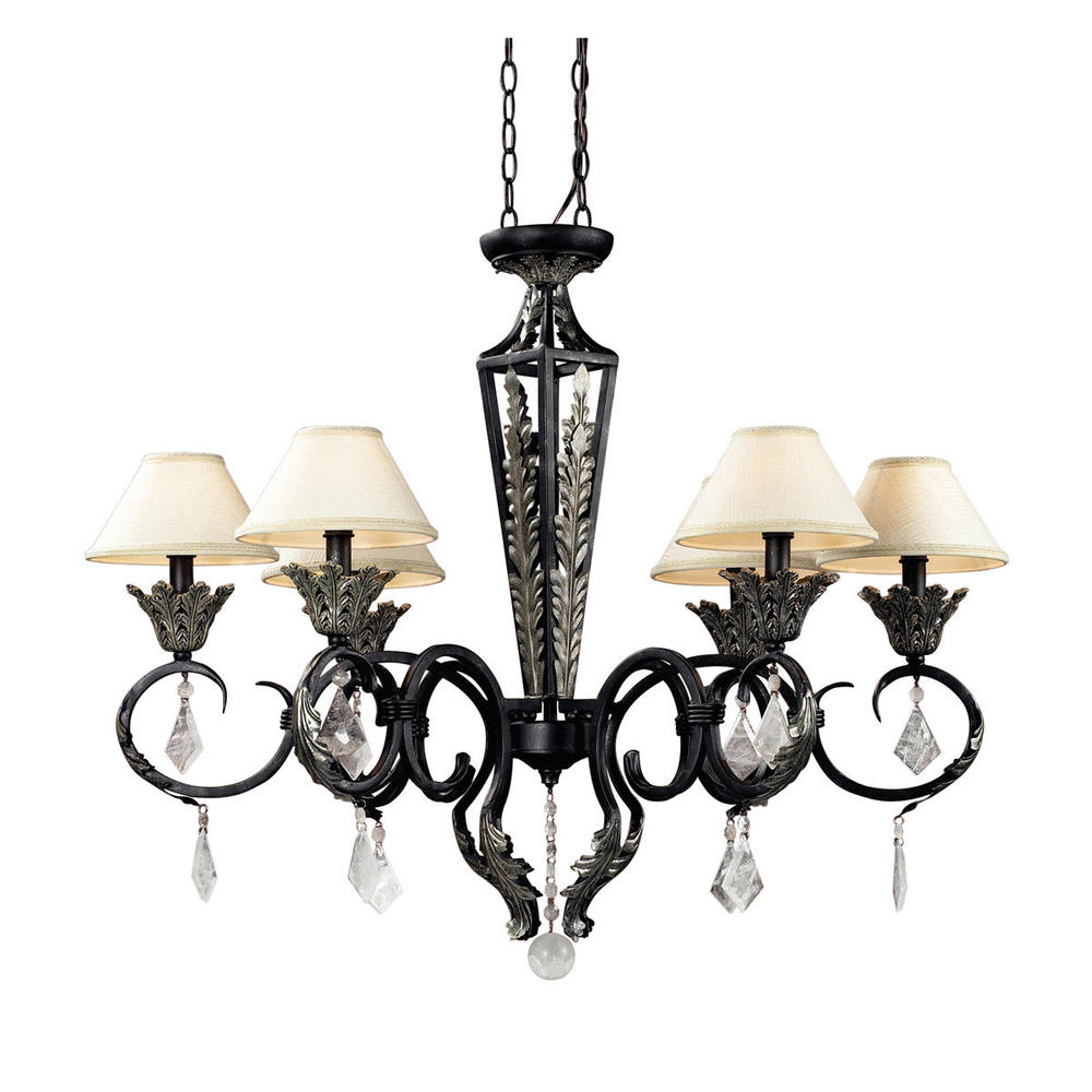 Metamorphic 6-Light Chandelier in Smoked Silver and Slate with White Shades
