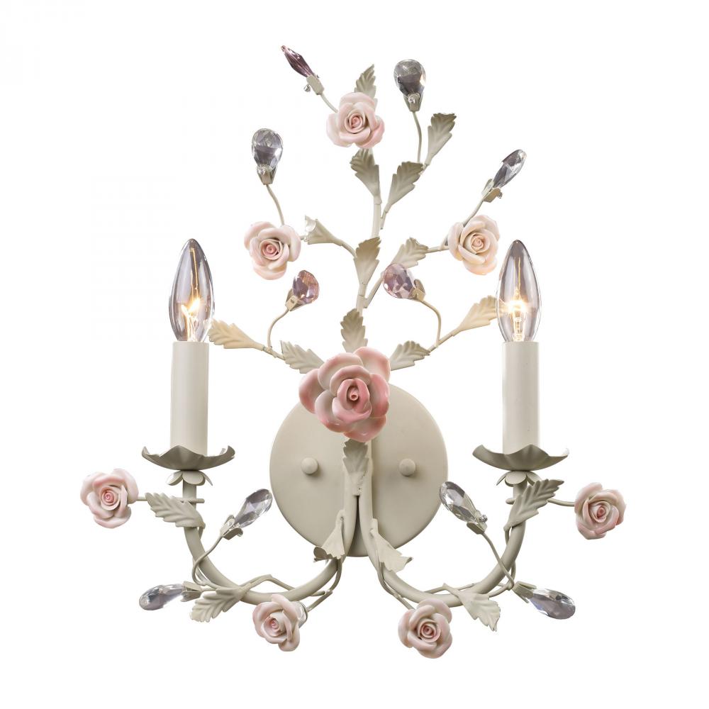 Heritage 2-Light Wall Lamp in Cream with Porcelain Roses and Crystal