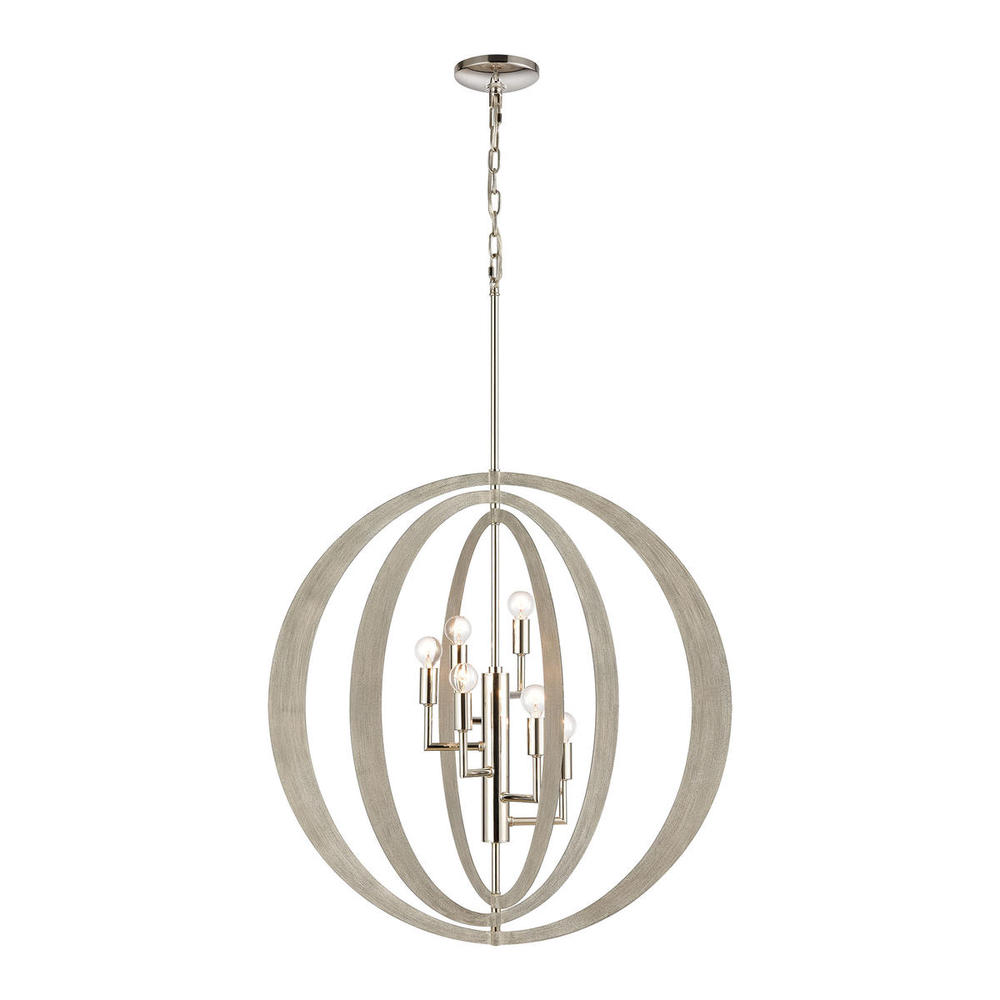 Retro Rings 6-Light chandelier in  Sandy Beechwood / Polished Nickel