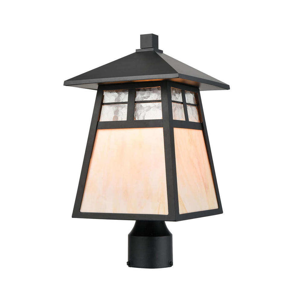 Cottage 1-Light Post Mount in Matte Black with Antique White Art Glass and Clear Textured Glass