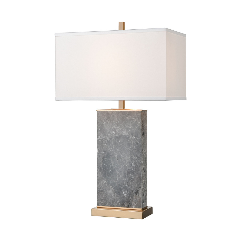 Archean Table Lamp in Grey Marble and Cafe Bronze with a White Linen Shade