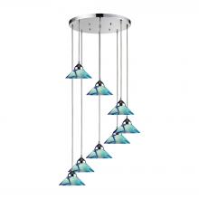ELK Home Plus 1477/8R-CAR - Refraction 8-Light Round Pendant Fixture in Polished Chrome with Caribbean Glass