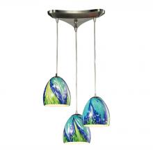 ELK Home Plus 31445/3TB - Colorwave 3-Light Triangular Pendant Fixture in Satin Nickel with Blue and Green Glass