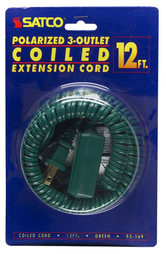12 Foot Coiled (Extended) Extension Cord; Green Finish; 16/2 SPT-2; 13A-125V-1625W Rating