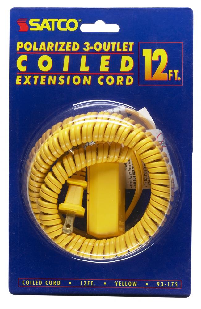 12 Foot Coiled (Extended) Extension Cord; Yellow Finish; 16/2 SPT-2; 13A-125V-1625W Rating
