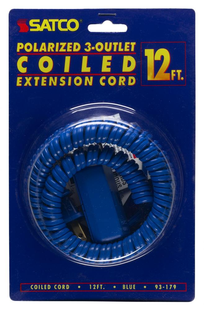 12 Foot Coiled (Extended) Extension Cord; Blue Finish; 16/2 SPT-2; 13A-125V-1625W Rating