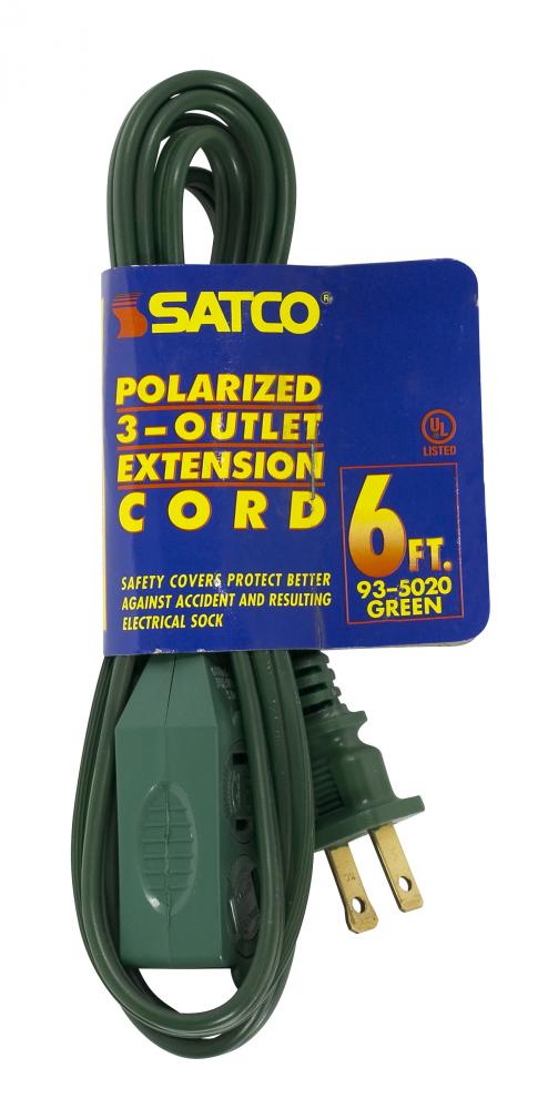 6 Foot Extension Cord; Green Finish; 16/2 SPT-2; Indoor Only; 13A-125V-1625W Rating