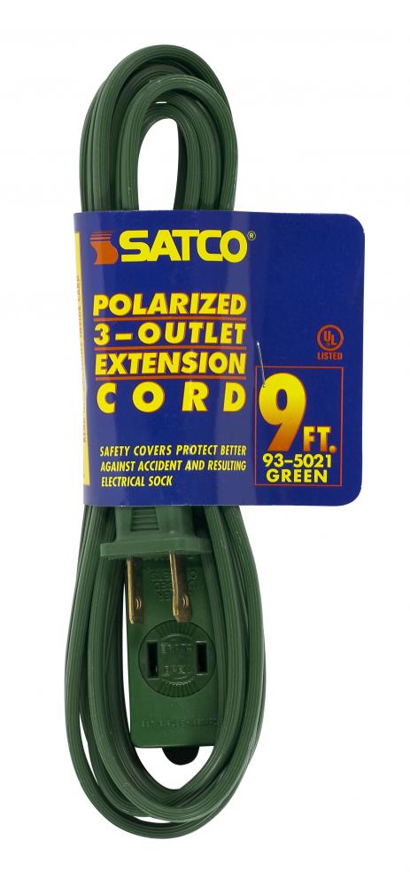 9 Foot Extension Cord; Green Finish; 16/2 SPT-2; Indoor Only; 13A-125V-1625W Rating