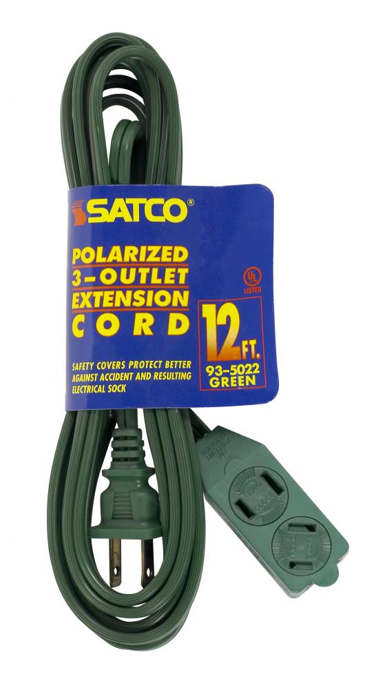 12 Foot Extension Cord; Green Finish; 16/2 SPT-2; Indoor Only; 13A-125V-1625W Rating