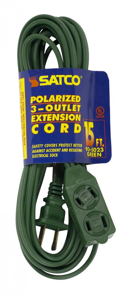 15 Foot Extension Cord; Green Finish; 16/2 SPT-2; Indoor Only; 13A-125V-1625W Rating
