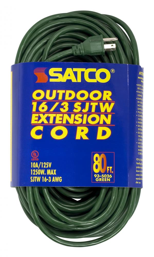 80 Foot Green Heavy Duty Outdoor Extension Cord; 16/3 Ga. SJTW-3 Green Cord With Sleeve; 10A-125V;