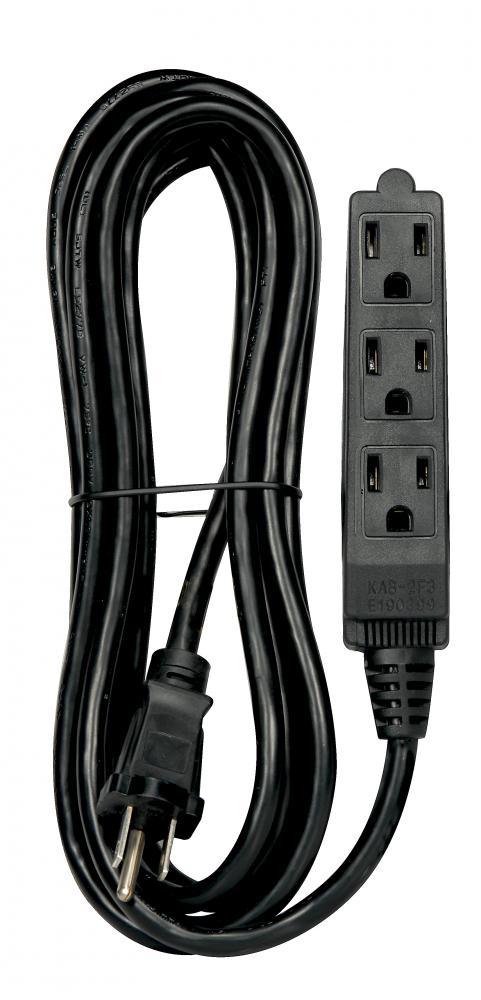 12 Foot, 3 Wire, 3 Outlet Indoor Banana Extension Cord; 16-3 SJT Black; 13A-125V; 1625W