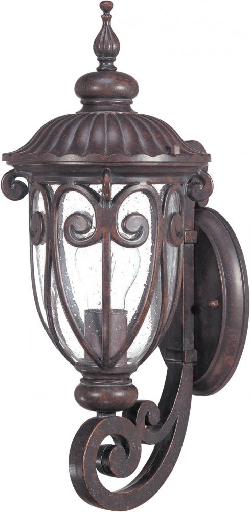 1-Light Small Outdoor Wall Lantern (Arm Up) in Burlwood Finish and Clear Seeded Glass