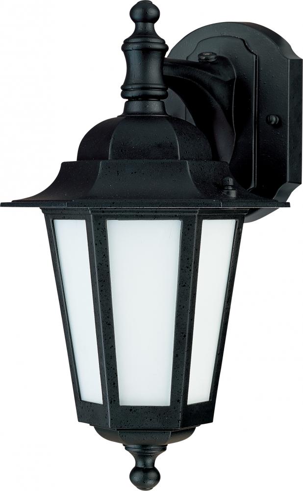 1-Light Outdoor Wall Lantern (Arm Down) with Photocell in Textured Black Finish and Frosted Glass