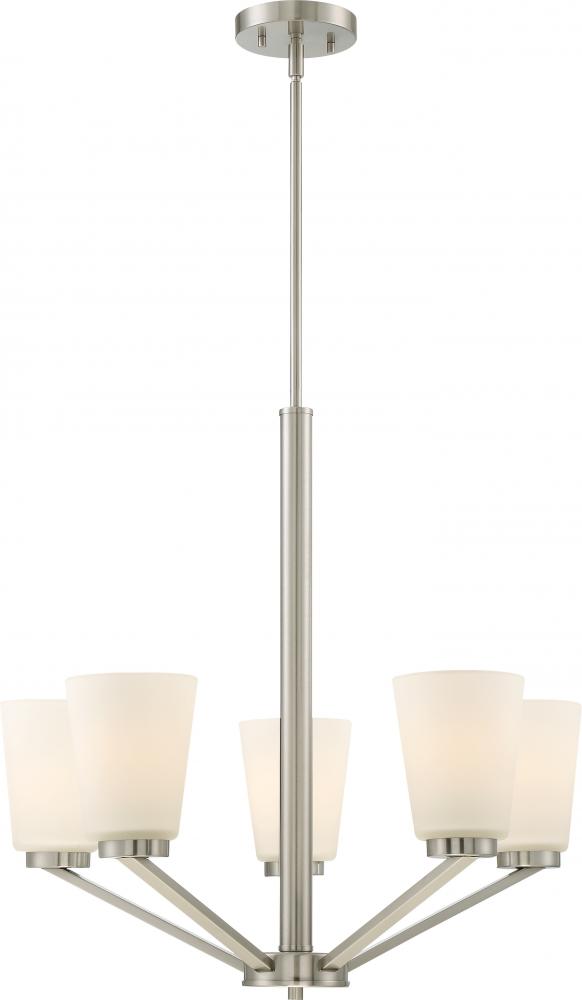 Nome - 5 Light Chandelier with Satin White Glass - Brushed Nickel Finish