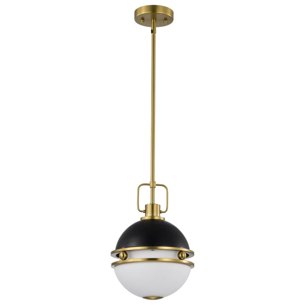 Everton 1 Light Pendant; 10 Inches; Matte Black & Brass Finish; Etched Opal Glass