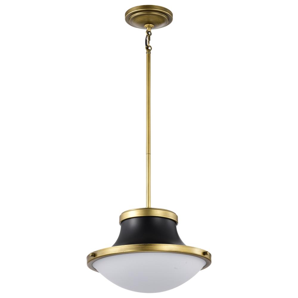 Lafayette 1 Light Pendant; 14 Inches; Matte Black Finish with Natural Brass Accents and White Opal