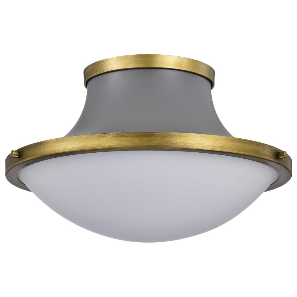 Lafayette 3 Light Flush Mount Fixture; 18 Inches; Gray Finish with Natural Brass Accents and White