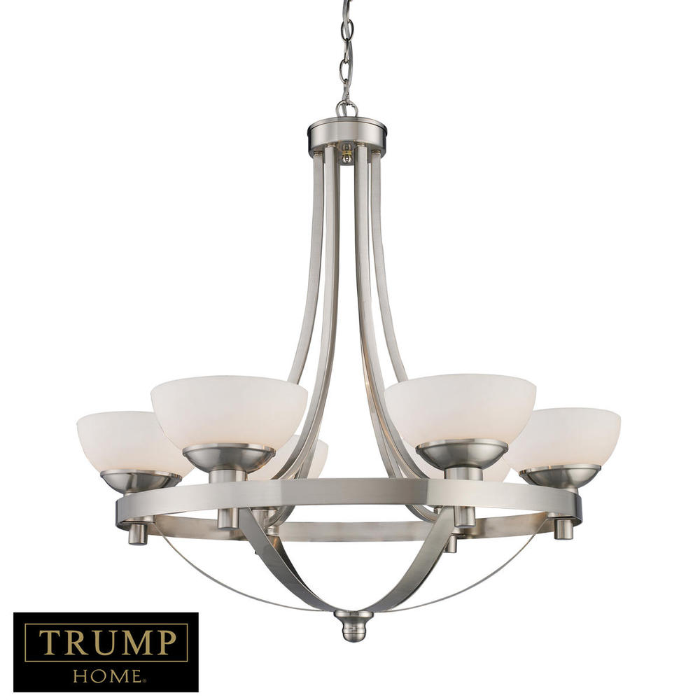 6-Light Chandelier in Brushed Nickel with White Glass